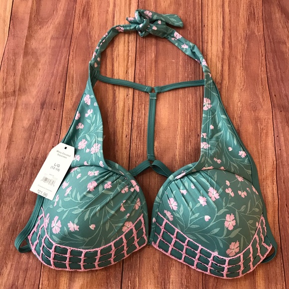 NWT Time & Tru Green w/Pink Flowers Bikini Top Lg - Picture 1 of 7